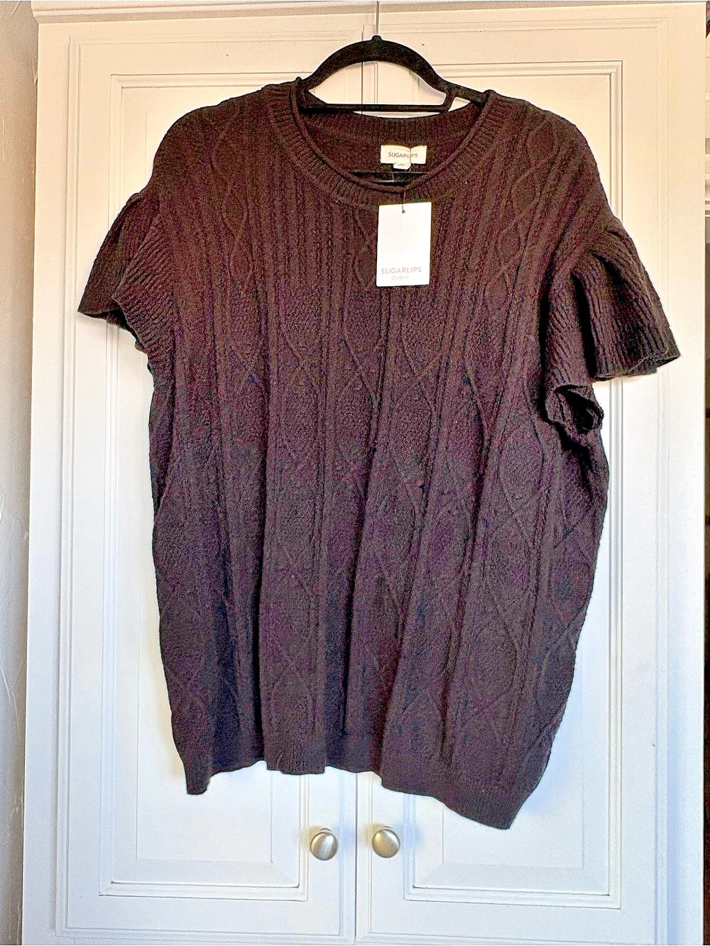 SugarLips Black Cable Knit Puff Sleeve Sweater Top Cable Knit Ruffle 3X NWT